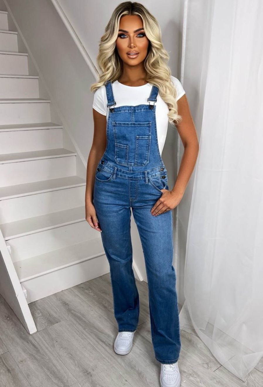 Hot Jump Onboard Mid Blue Stretch Denim Straight Leg Dungarees Jumpsuits