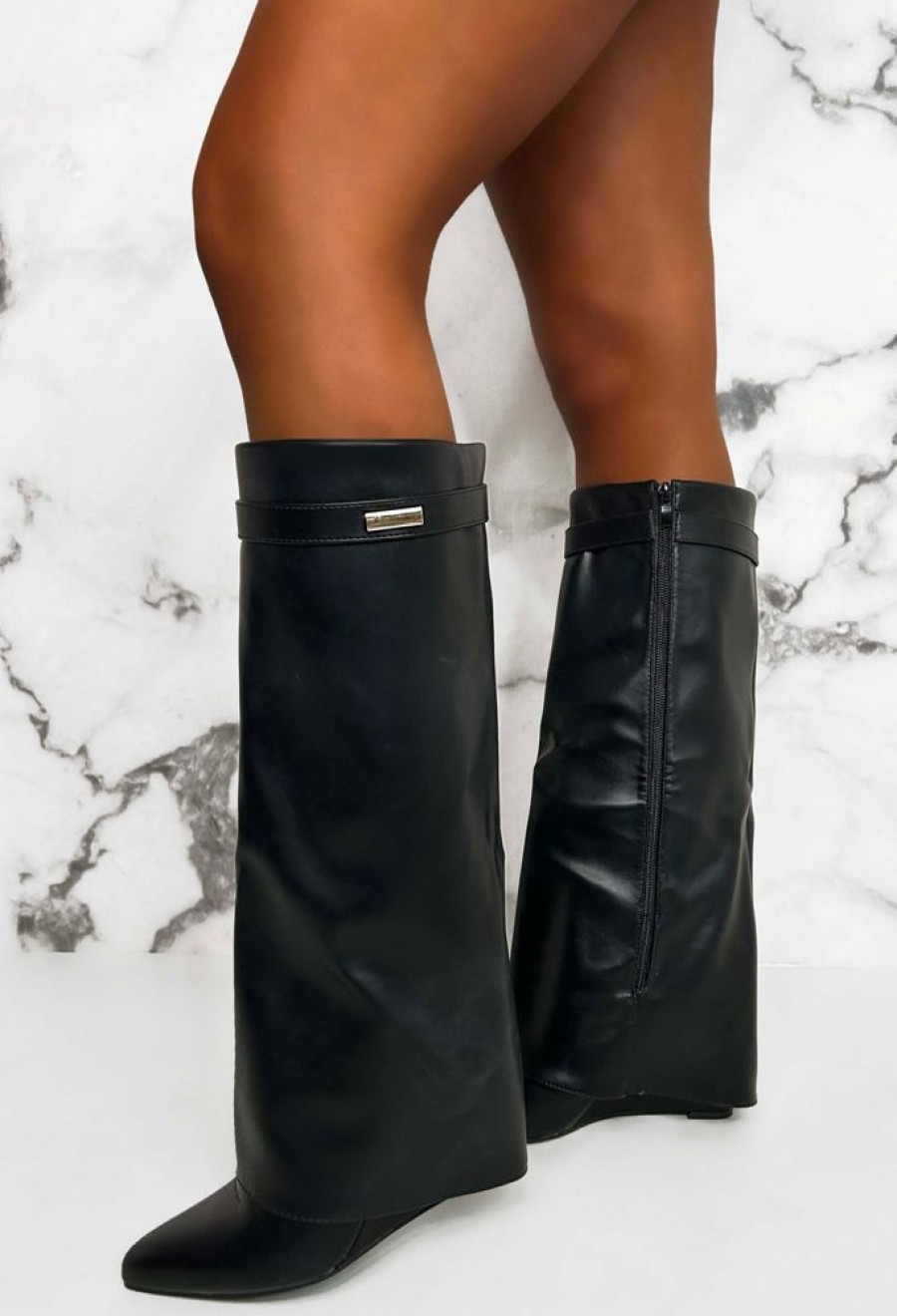 Best Signature Shark Black Faux Leather Fold Over Knee High Boots Boots