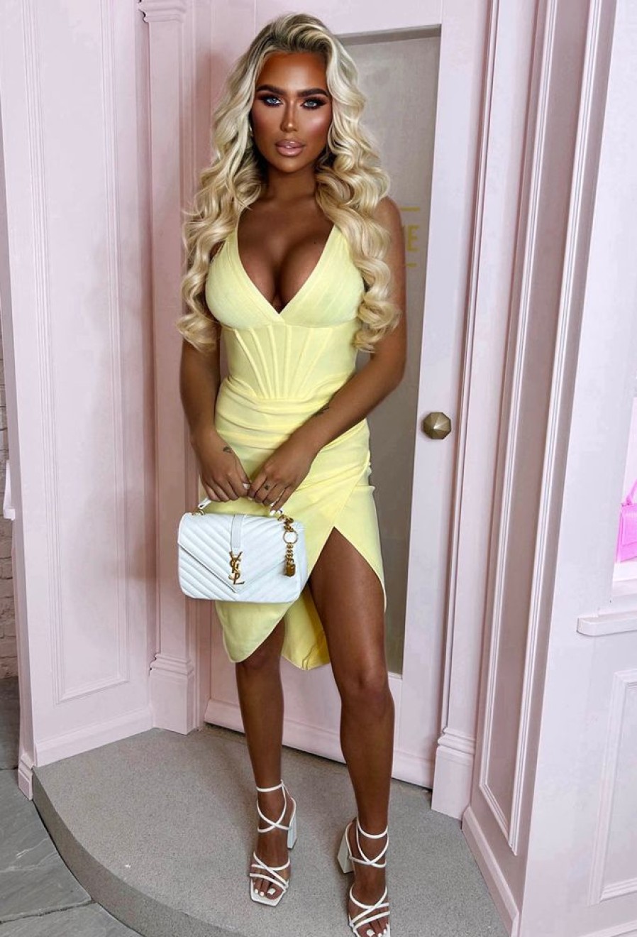 New Sweet Tooth Lemon Corset Detail Stretch Midi Dress Dresses