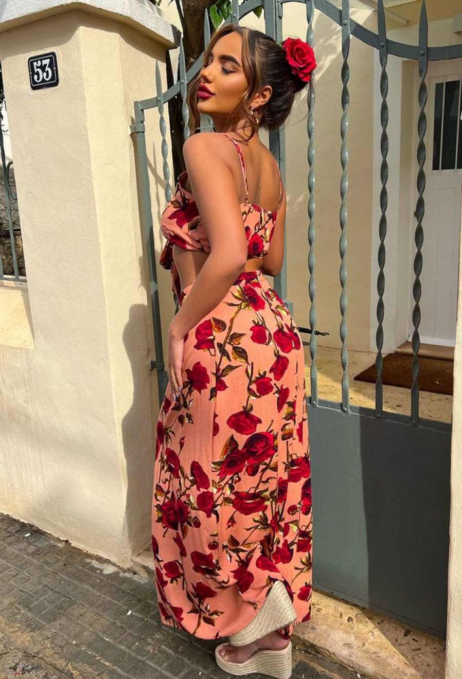 New Sunkissed Sweetie Pink Floral Maxi Skirt And Crop Top Suits & Sets