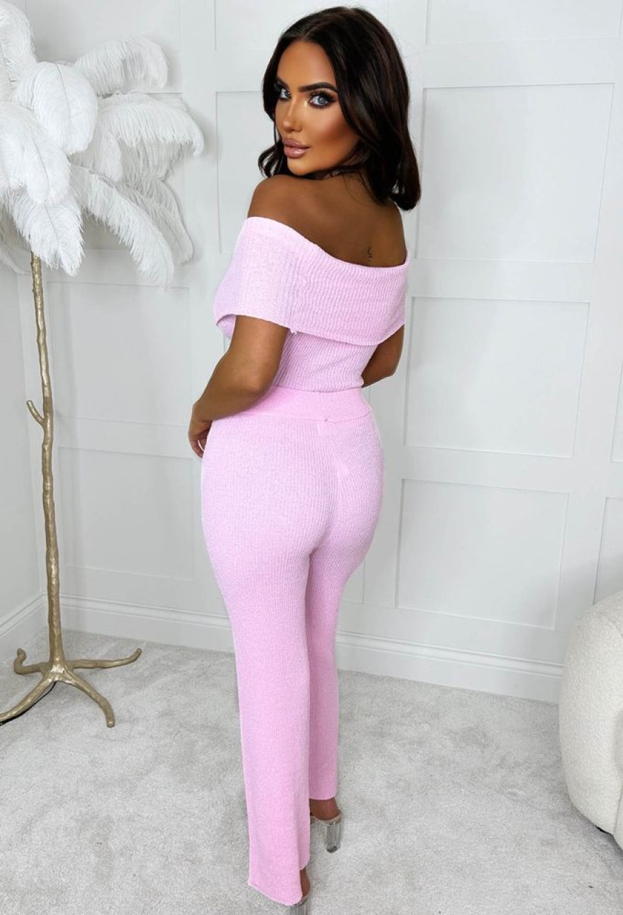 Wholesale Just Need Love Baby Pink Ultra Soft Bardot Knitted Loungewear Set Loungewear