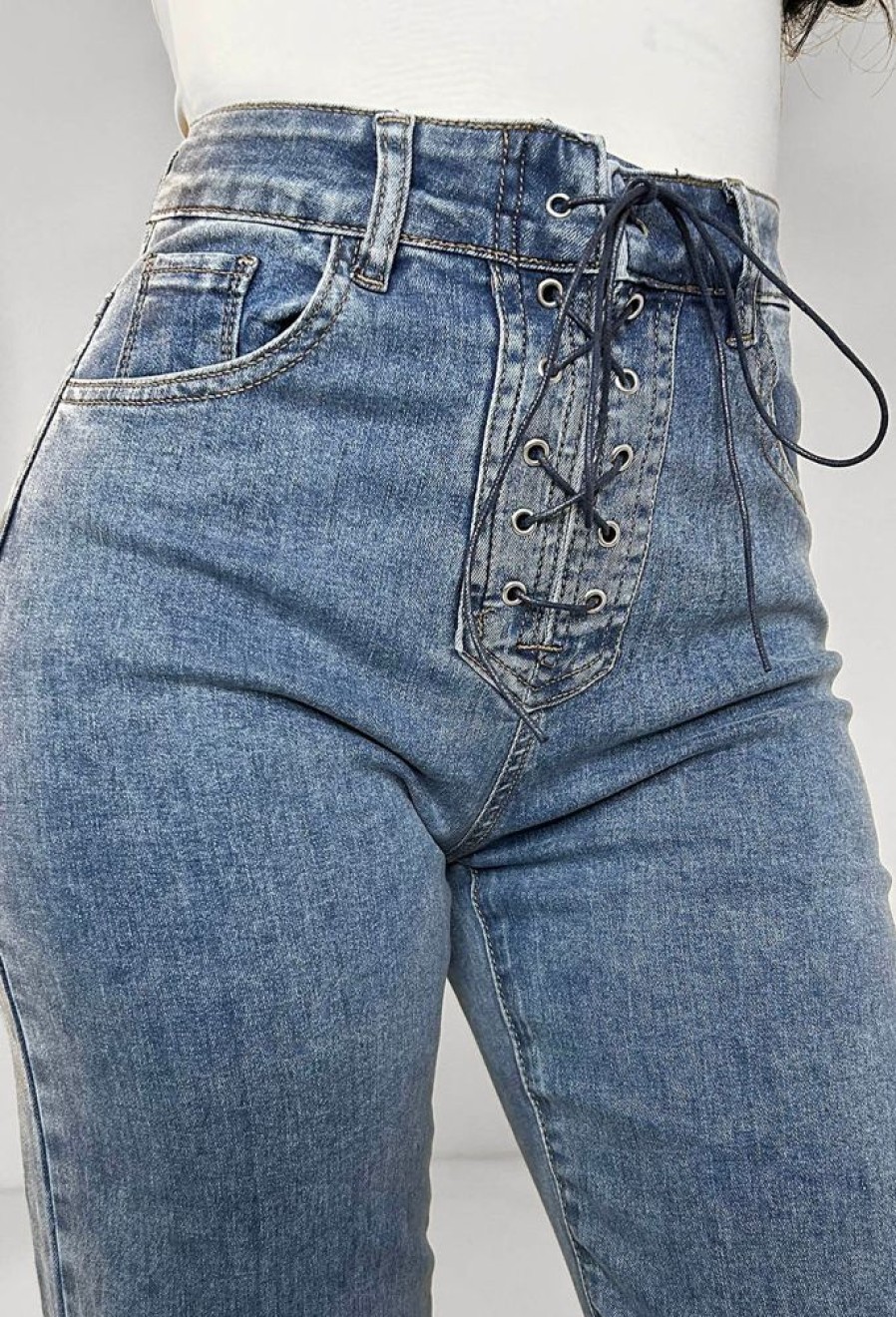 New Tied Together Mid Blue Lace Up Stretch Straight Leg Jeans Jeans