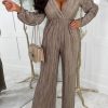 Best Give Me Glamour Gold Metallic Plisse Stretch Waist Long Sleeve Jumpsuit Jumpsuits