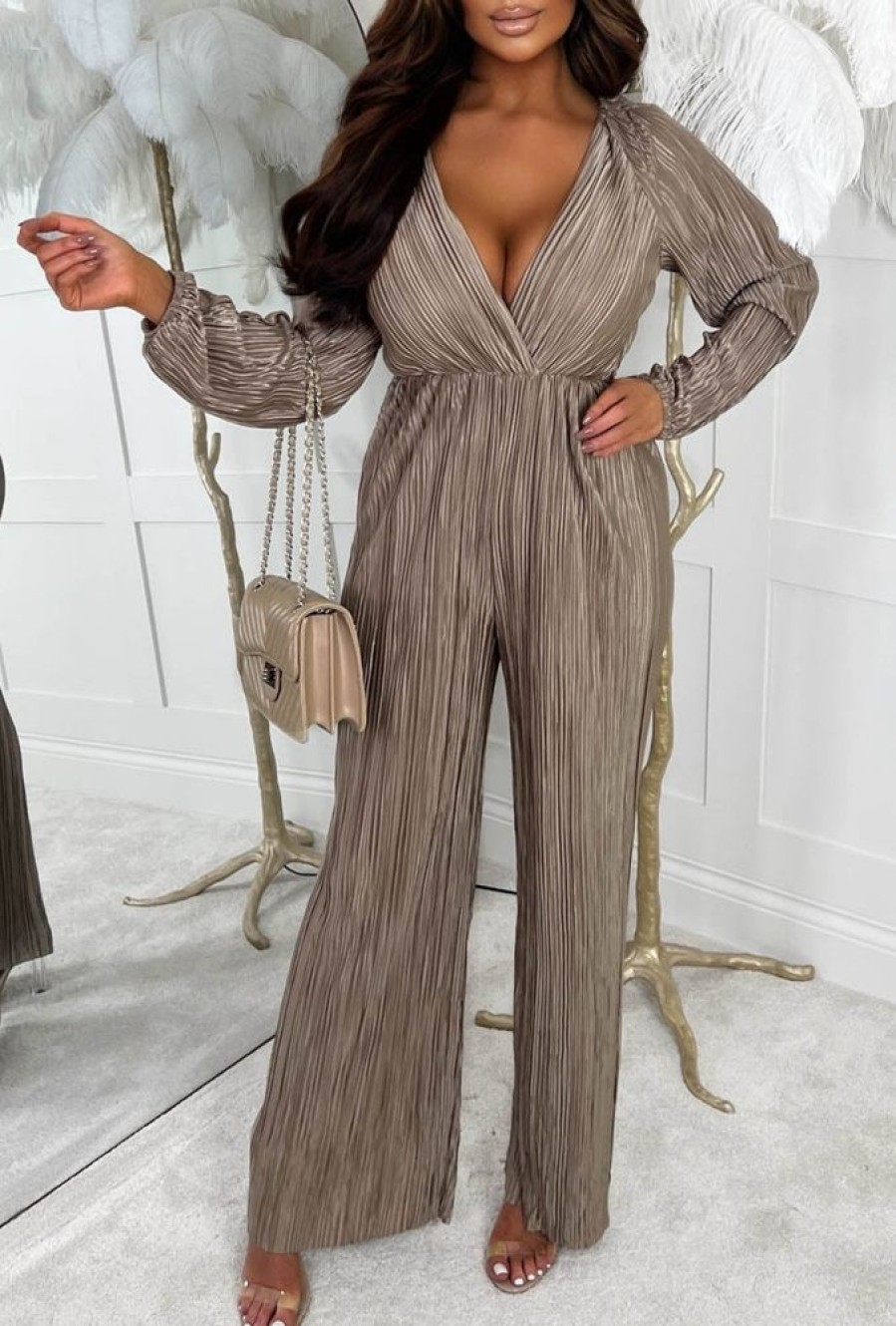 Best Give Me Glamour Gold Metallic Plisse Stretch Waist Long Sleeve Jumpsuit Jumpsuits