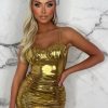 Online Golden Gala Gold Metallic Ruched Chain Strap Padded Cup Mini Dress Limited Edition Dresses