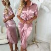 Best Elegant Luxury Blush Pink Stretch Satin Button Ruched Midi Dress Dresses