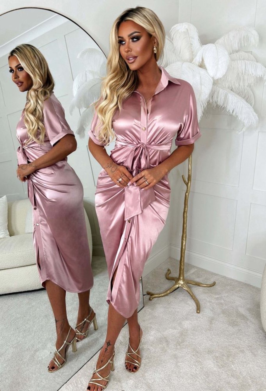 Best Elegant Luxury Blush Pink Stretch Satin Button Ruched Midi Dress Dresses