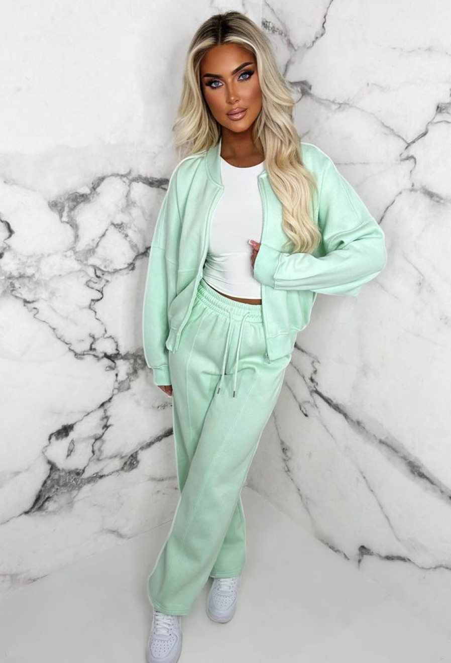 Hot Love On Replay Mint Green Bomber Jacket And Straight Leg Jogger Loungwear Set Loungewear