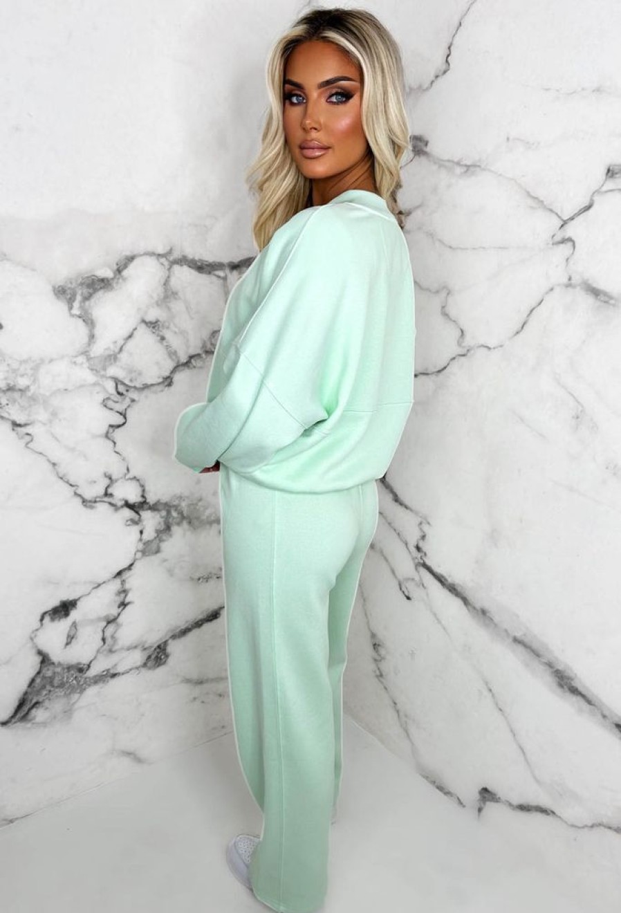 Hot Love On Replay Mint Green Bomber Jacket And Straight Leg Jogger Loungwear Set Loungewear