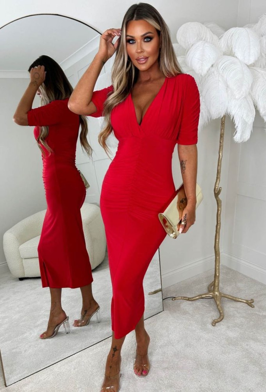 Hot Love Me Always Red Soft Touch Ruched Stretch Midi Dress Dresses