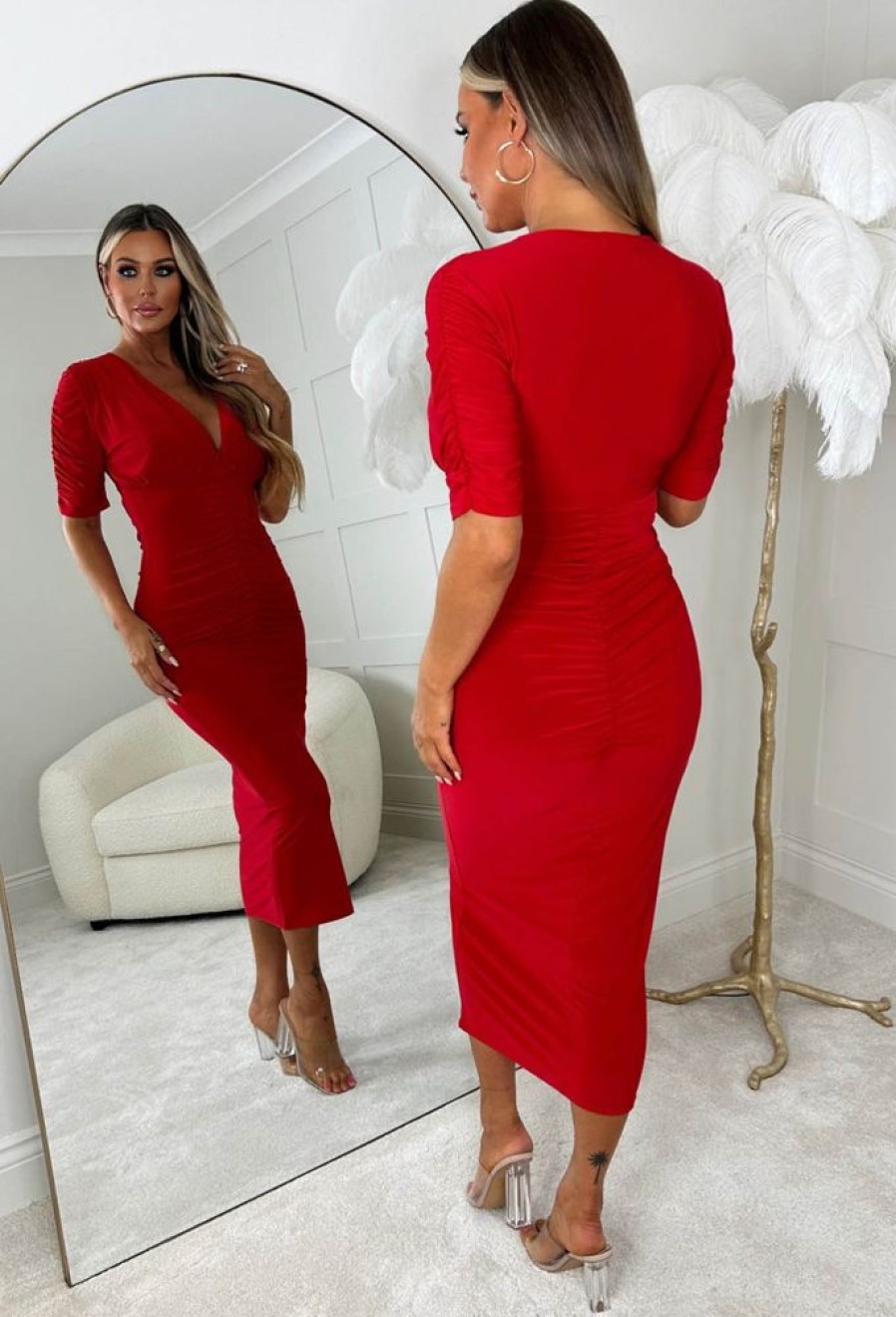 Hot Love Me Always Red Soft Touch Ruched Stretch Midi Dress Dresses