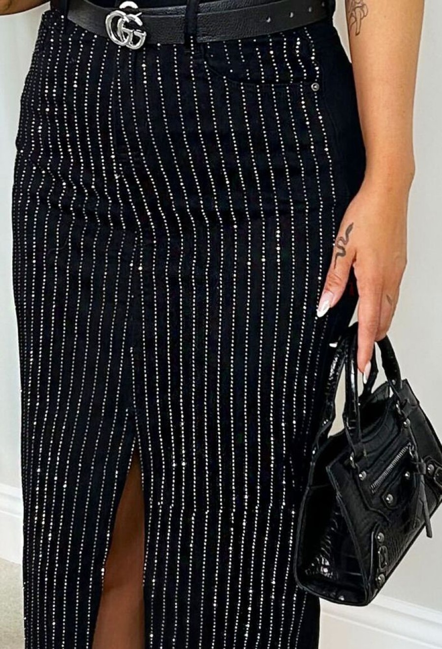 Best Shine & Shimmer Black Midi Diamante Stretch Denim Skirt Skirts