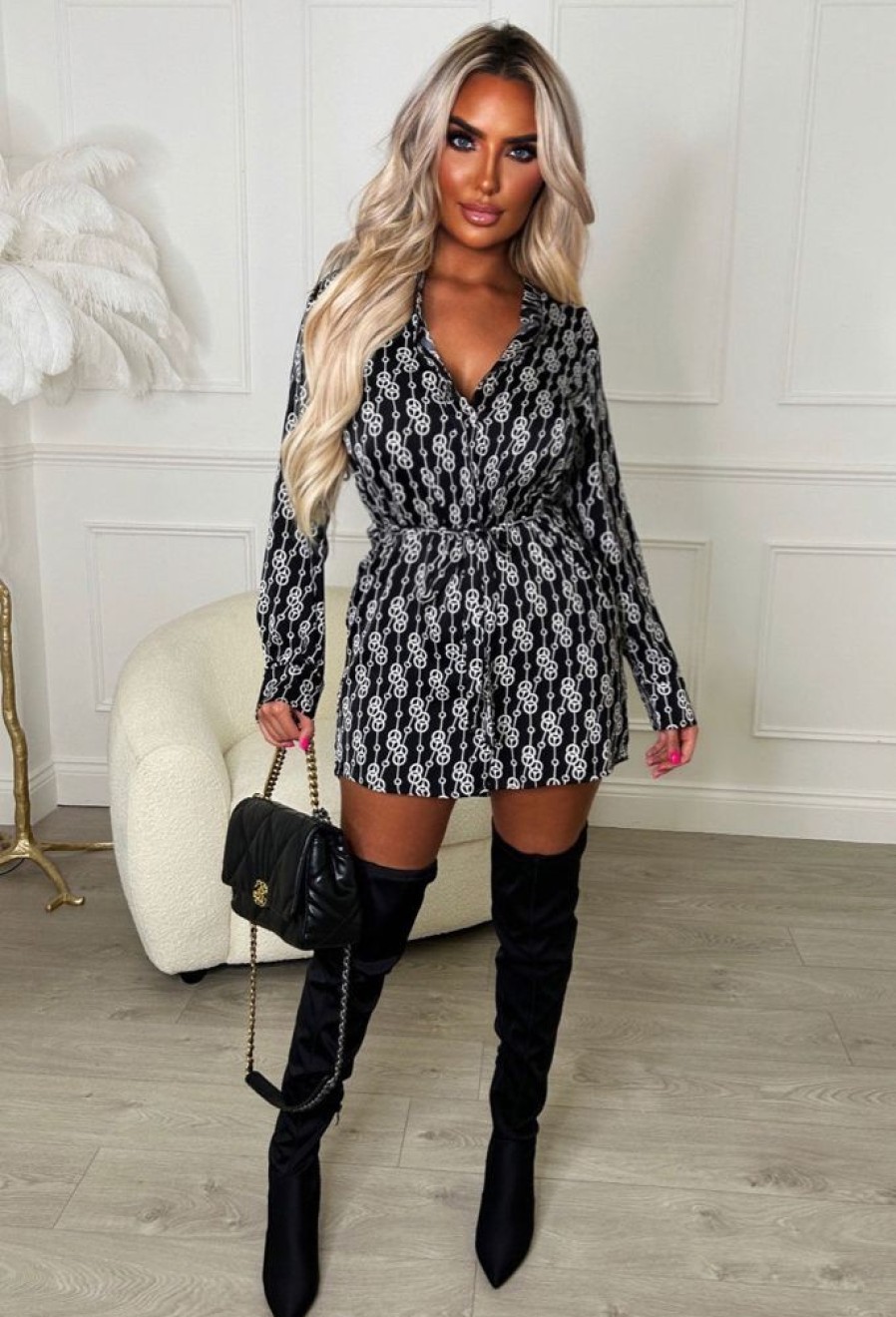 New Linking Up Black Long Sleeve Belted Chain Print Shirt Dress Dresses