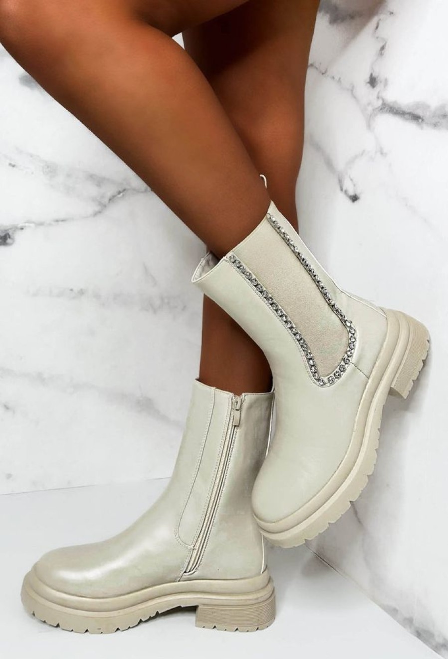 Hot Modern Lux Cream Diamond Embellished Chelsea Boots Limited Edition Boots