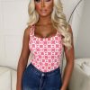 New Casual Glam Pink Chain Print Sqaure Neck Top Tops