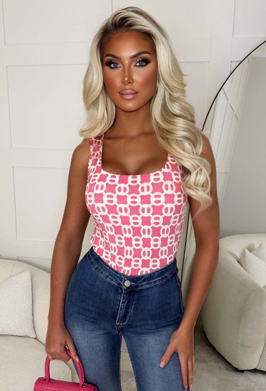 New Casual Glam Pink Chain Print Sqaure Neck Top Tops