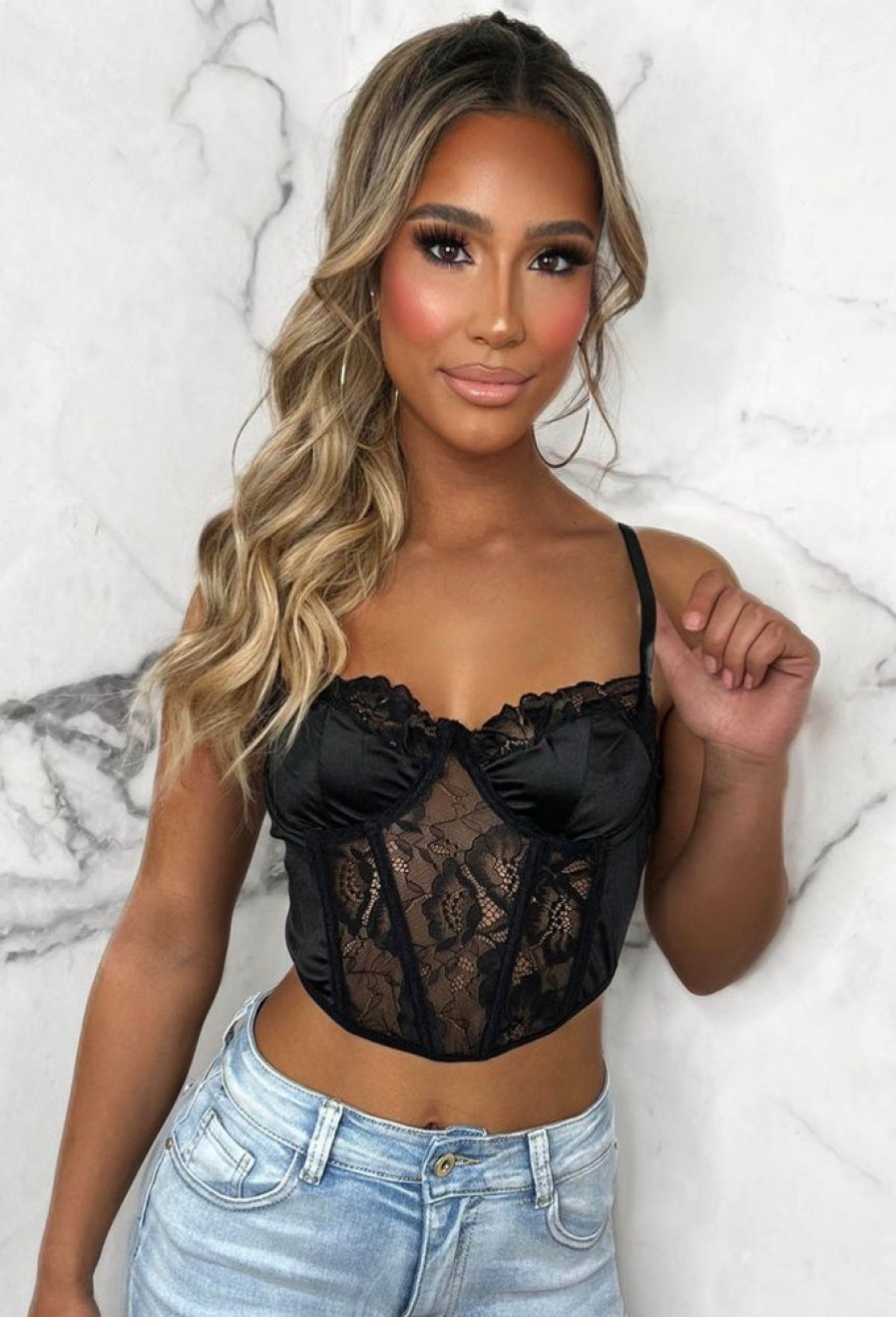 New The Main Star Black Lace Panelled Corset Crop Top Tops