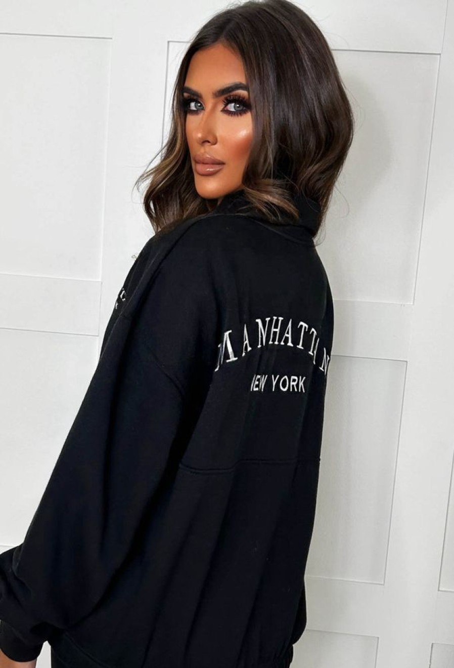 Clearance Bring The Style Black Manhattan Embroidered Zip Sweatshirt Loungewear