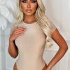 Clearance Cool Attire Beige Round Neck Stretch Short Sleeve Bodysuit Bodysuits