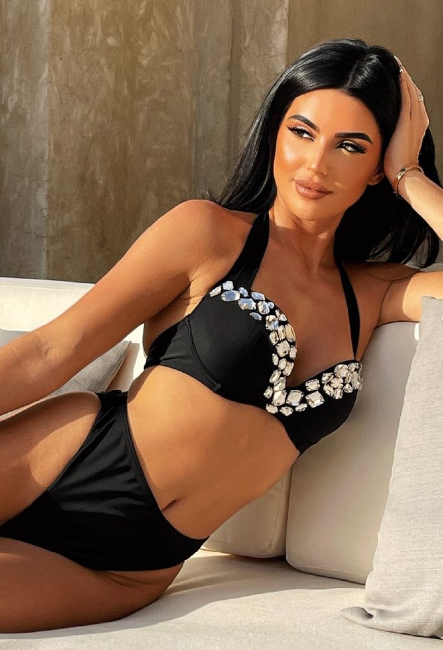 Online Marbella Beauty Black Push Up Embellished Halterneck Bikini Swimwear