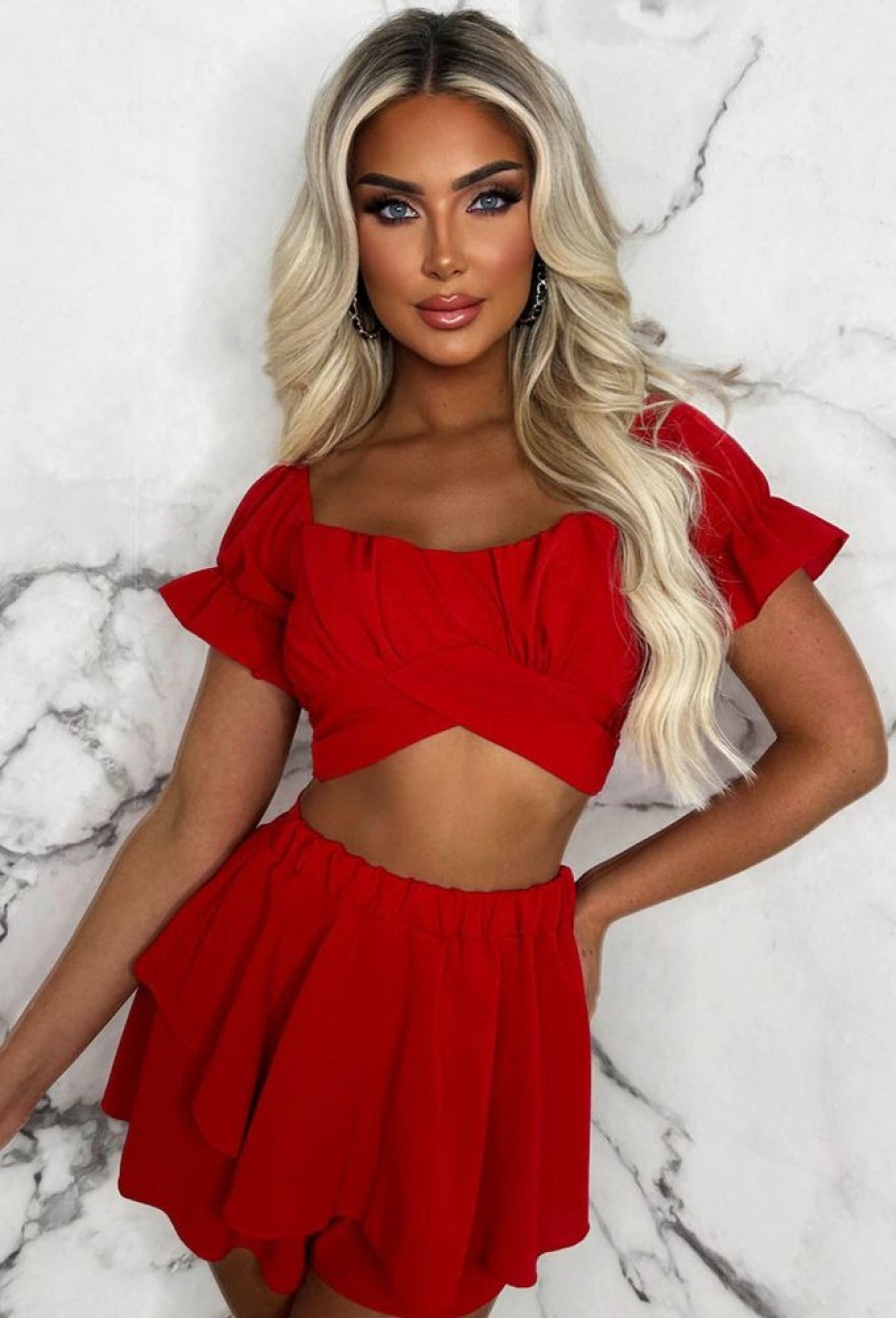 Hot Always Pretty Red Frill Skort Milkmaid Top Tie Waist Co-Ord Outfit Set Co-Ords