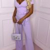 Best Utterly Yours Lilac Cross Over Ruched Wide Leg Belted Jumpsuit Jumpsuits