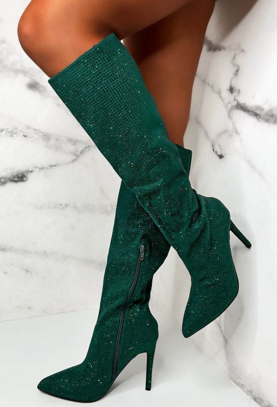 Online Memorable Nights Green Diamond Gem Knee Boots Boots