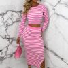 New Stripe Sensation Pink Striped Long Sleeve Knitted Midi Skirt Co-Ord Set Co-Ords