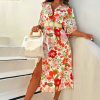 Hot Beauty Bloom Beige Floral Button Front Midi Dress Summer Dresses