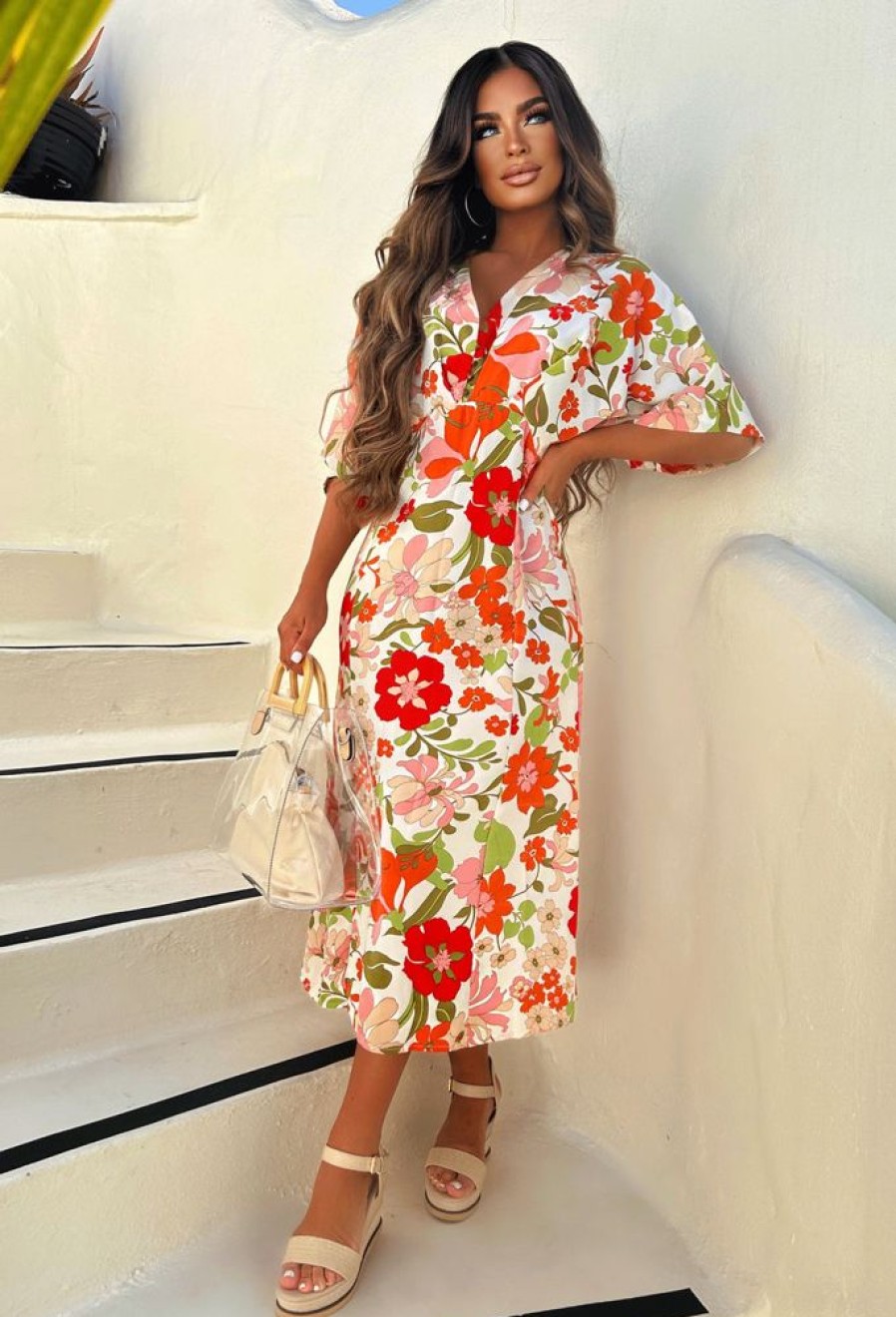 Hot Beauty Bloom Beige Floral Button Front Midi Dress Summer Dresses