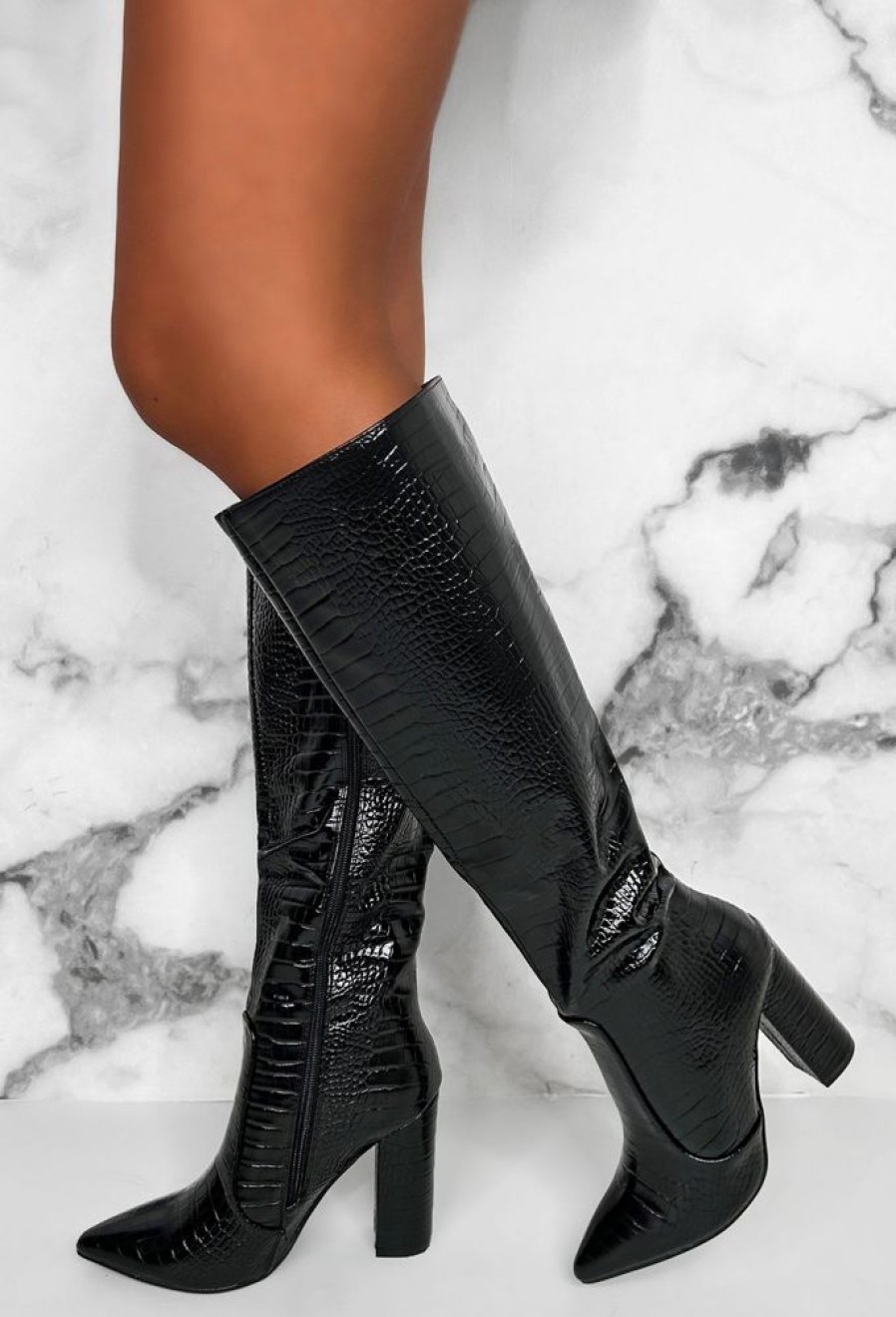 Clearance All You Want Black Croc Knee Boot With Block Heel Boots