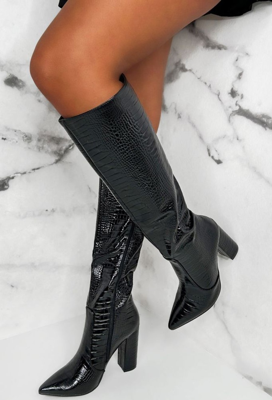 Clearance All You Want Black Croc Knee Boot With Block Heel Boots