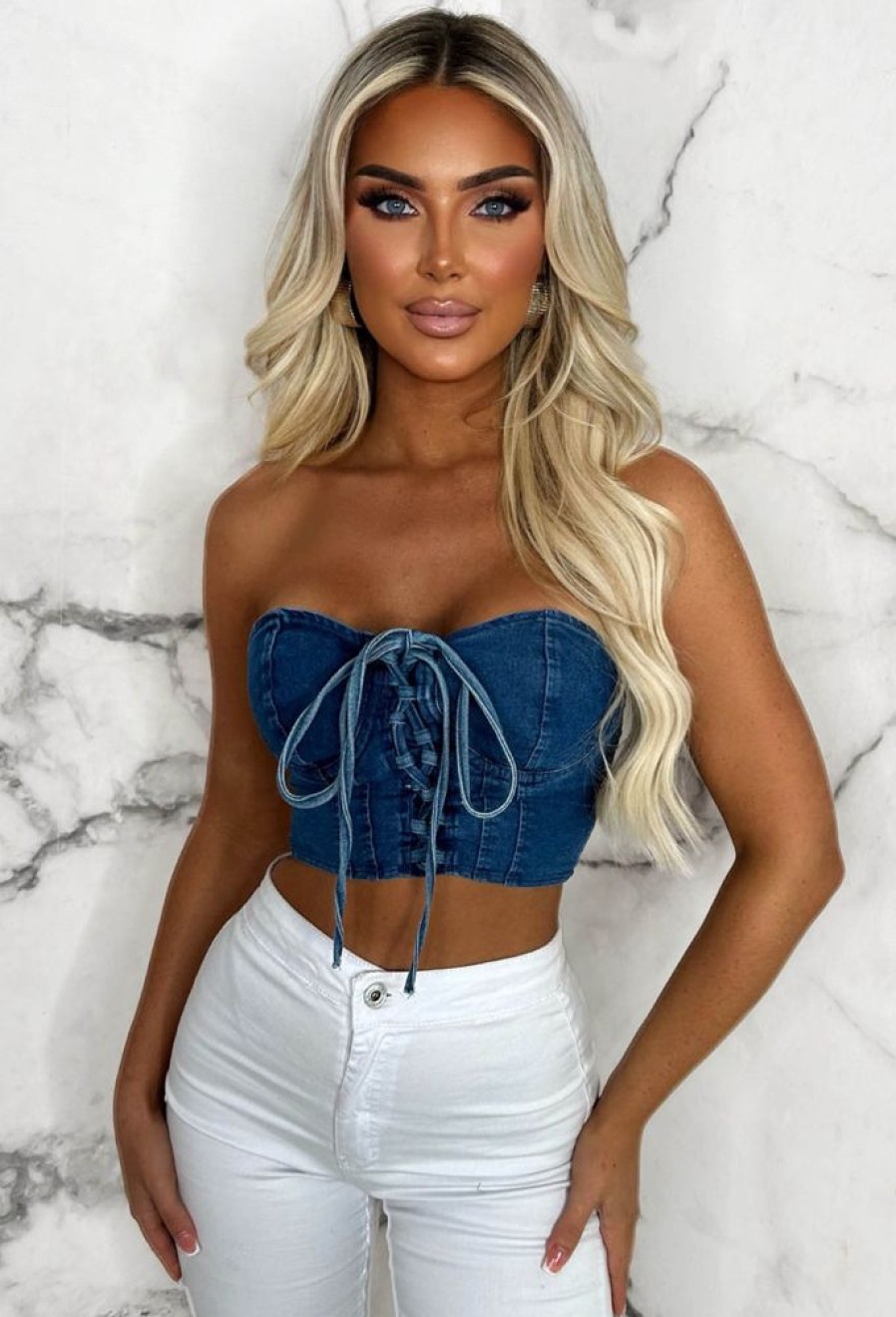 New I Adore You Mid Blue Lace Up Stretch Bandeau Crop Top Tops