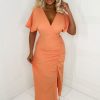 Wholesale Love Me Forever Coral Ruched Midi Dress Summer Dresses