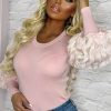 Online Blush Glam Pink Ruffle Mesh Sleeve Detail Jumper Knitwear