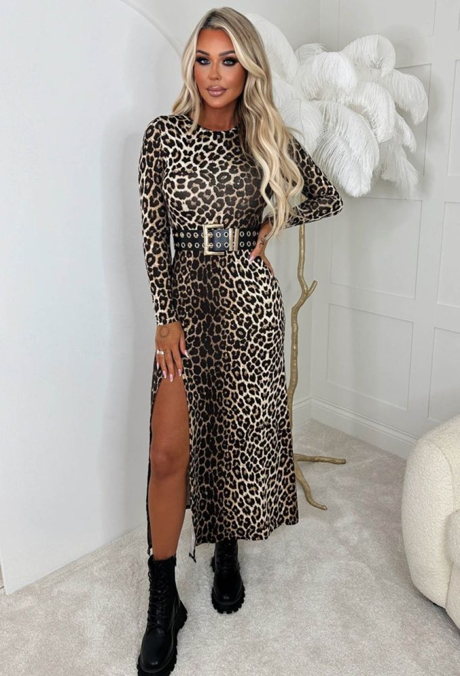 New Lady In Leopard Brown Animal Print Long Sleeve Stretch Midi Dress Dresses