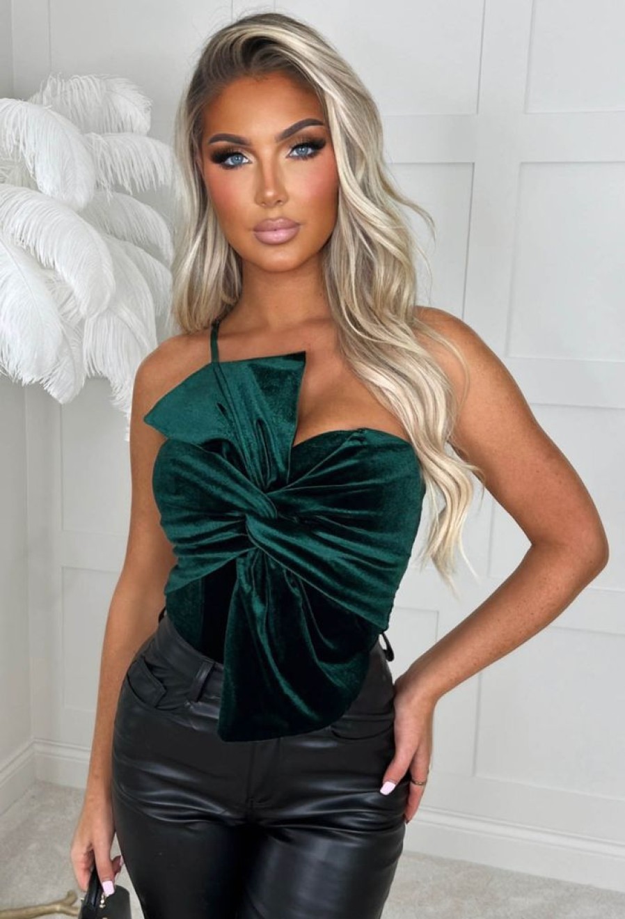 Online Cute As A Bow Green Bow Front Velvet Bodysuit Tops