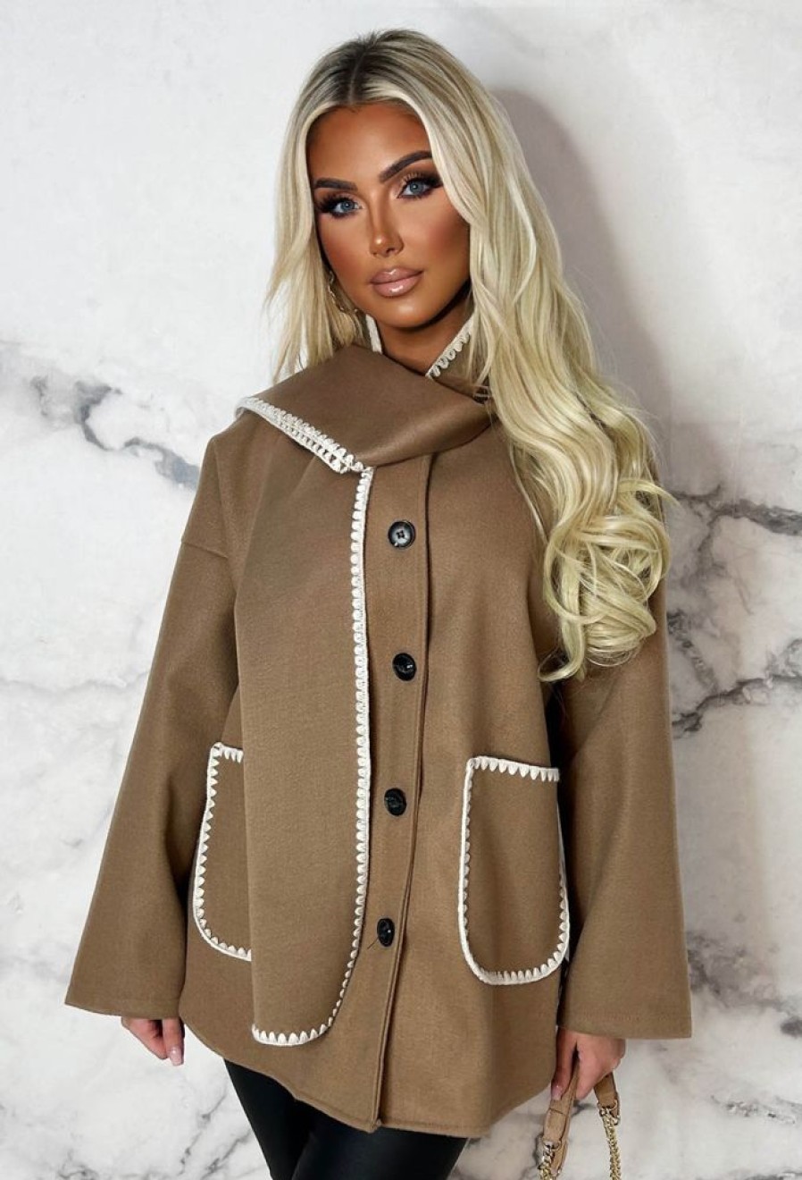 Clearance Parisian Destiny Camel Contrast Stitch Jacket With Scarf Coats And Jackets