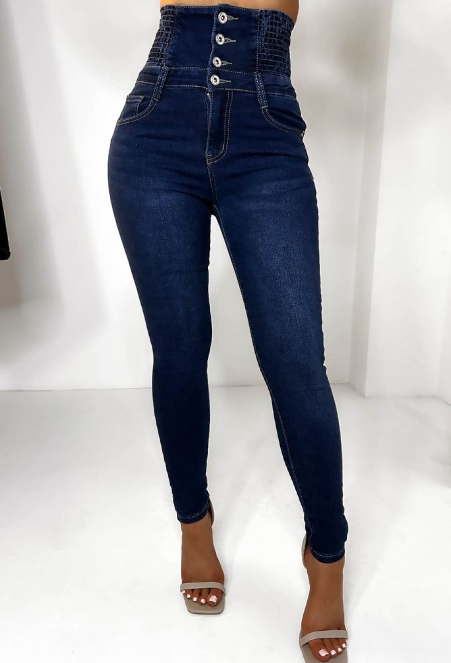 Clearance Cinched & Ready Dark Blue High Waist Cinching Push Up Skinny Stretch Jeans Jeans