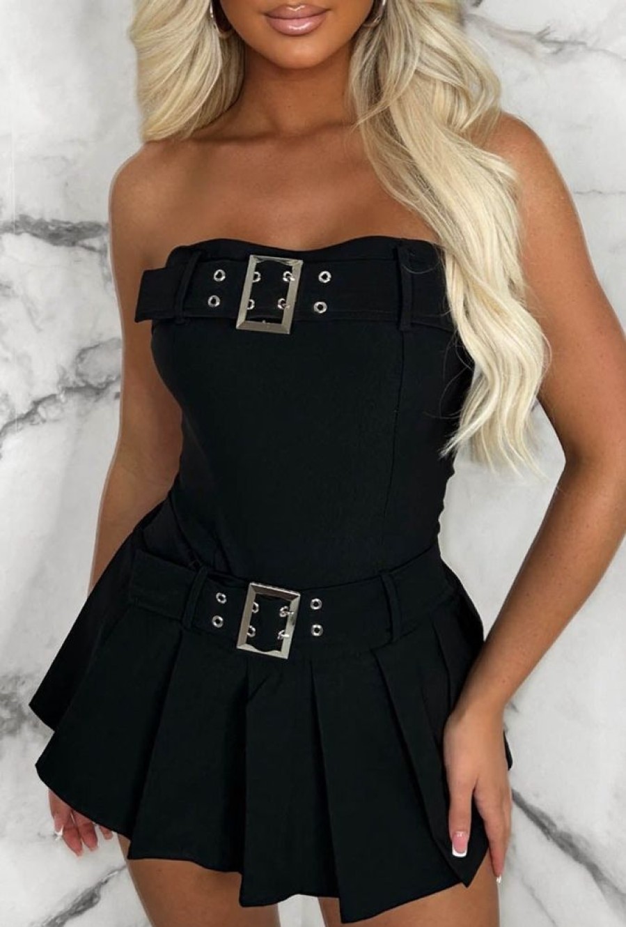 New Belted Babe Black Bandeau Stretch Pleated Skort Playsuit Playsuits