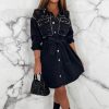 Hot Suspicious Minds Black Distressed Studded Denim Shirt Belted Mini Dress Dresses