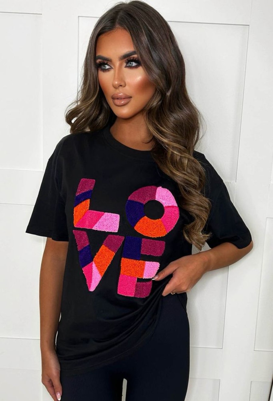 Online Heartfelt Love Black Multi Love Embroidered T-Shirt Tops