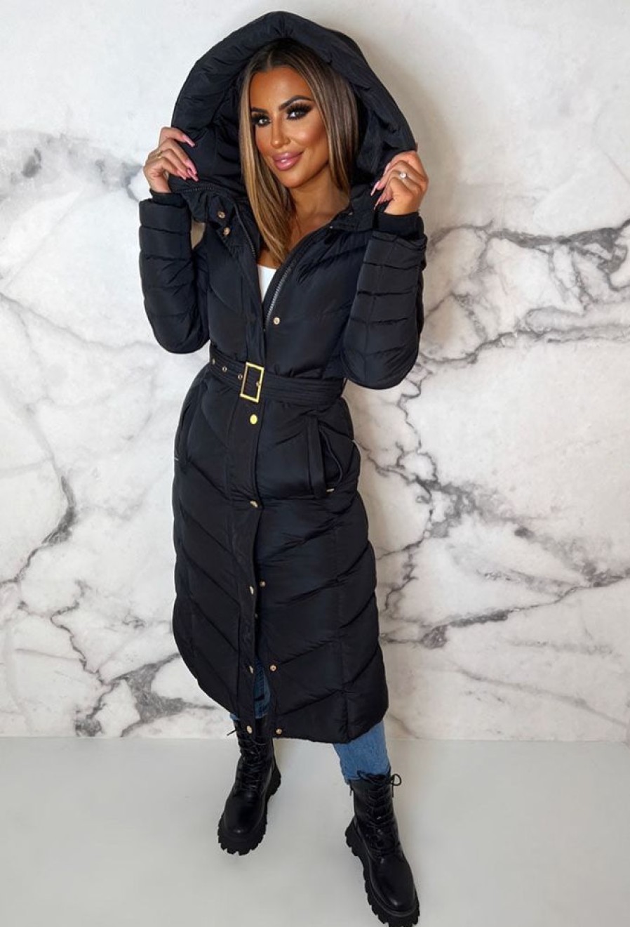 Hot Urban Chic Black Chevron Belted Hooded Fleece Lined Padded Coat Coats And Jackets