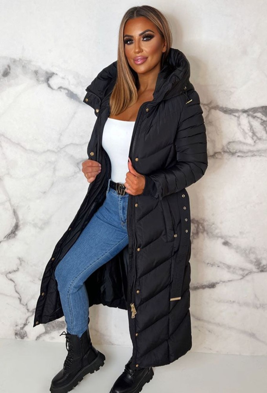 Hot Urban Chic Black Chevron Belted Hooded Fleece Lined Padded Coat Coats And Jackets