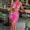 New Your Paradise Pink Tropical Halterneck Bandeau Midi Skirt Co-Ord Set Co-Ords