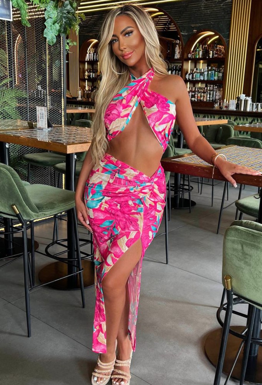 New Your Paradise Pink Tropical Halterneck Bandeau Midi Skirt Co-Ord Set Co-Ords