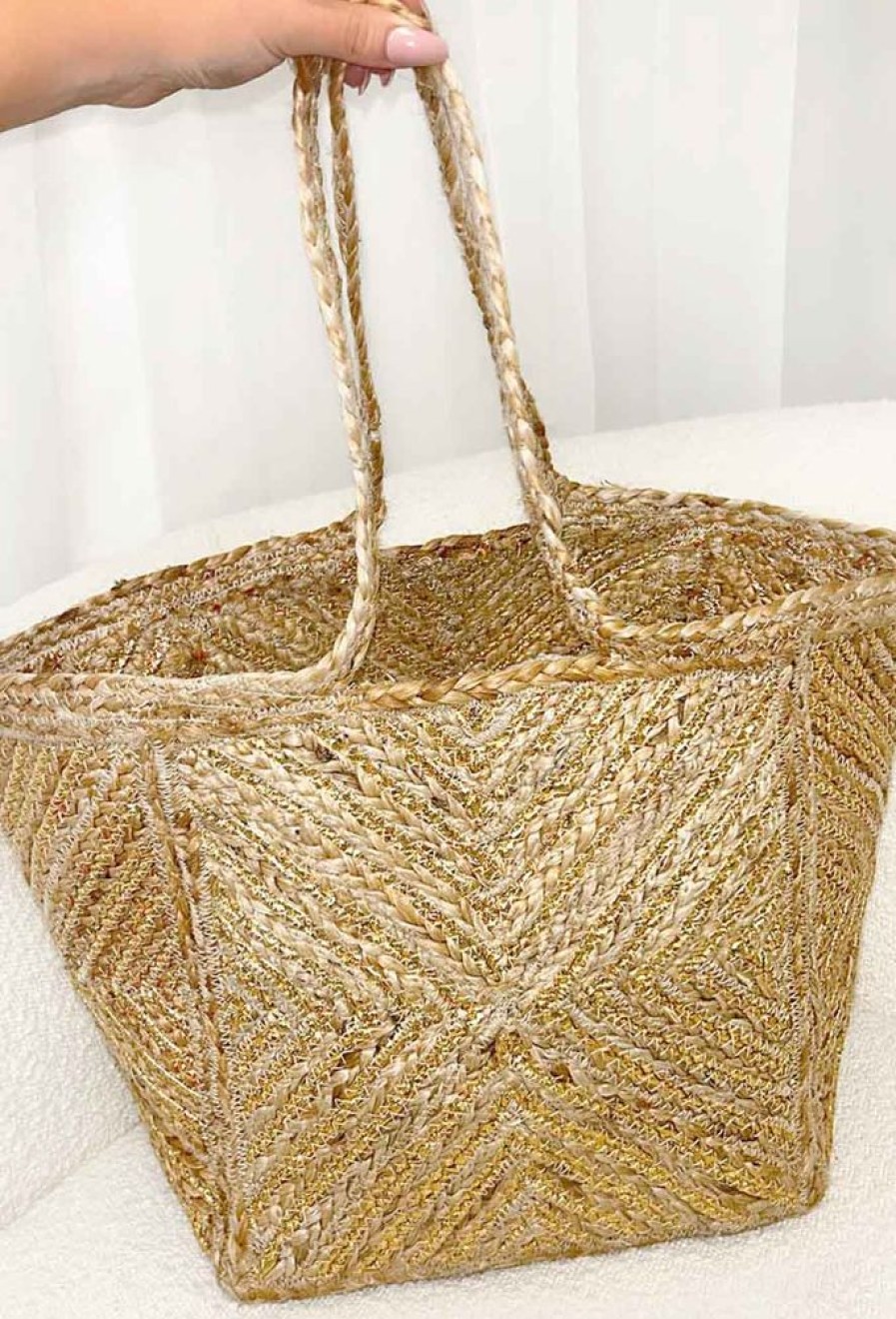 Best Beachy Glamour Natural Gold Detail Raffia Tote Bag Bags