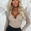 Clearance Set The Vibe Beige Rib Knit Plunge Button Bodysuit Bodysuits