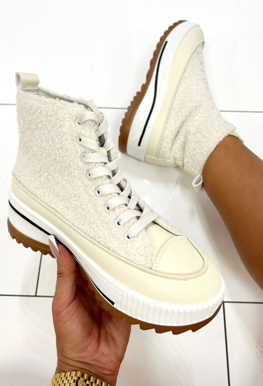 Hot That Girl Cream Fleece High Top Trainer Flats