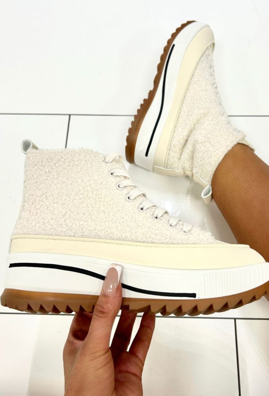 Hot That Girl Cream Fleece High Top Trainer Flats